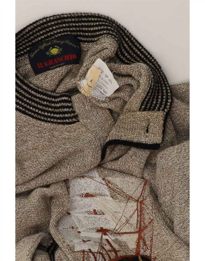 Il Granchio Herren-Pullover mit grafischem Knopfkragen, groß, Khaki, meliert