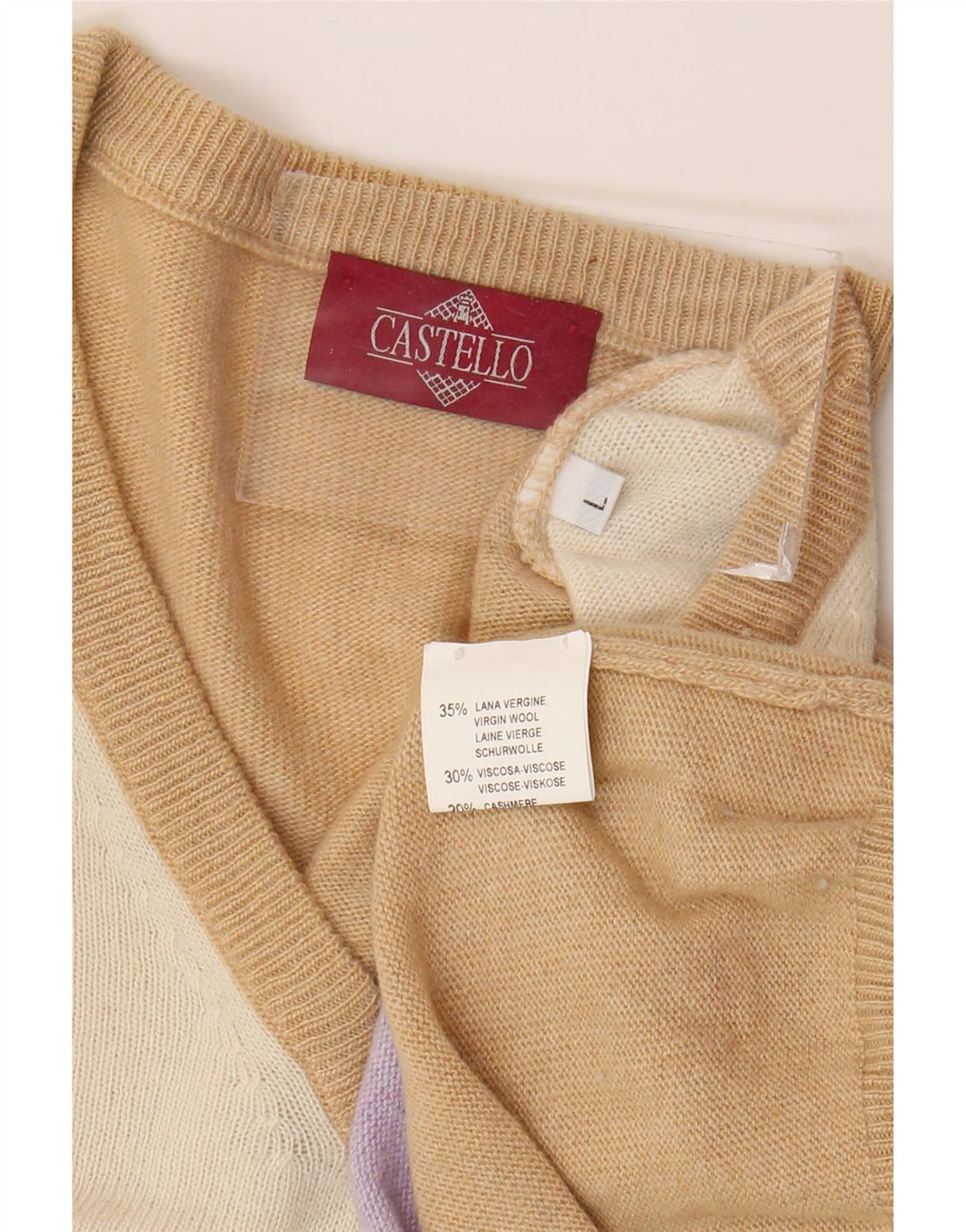 Castello Herren-Pullover mit V-Ausschnitt, groß, beige Argyle/Diamant-Schurwolle