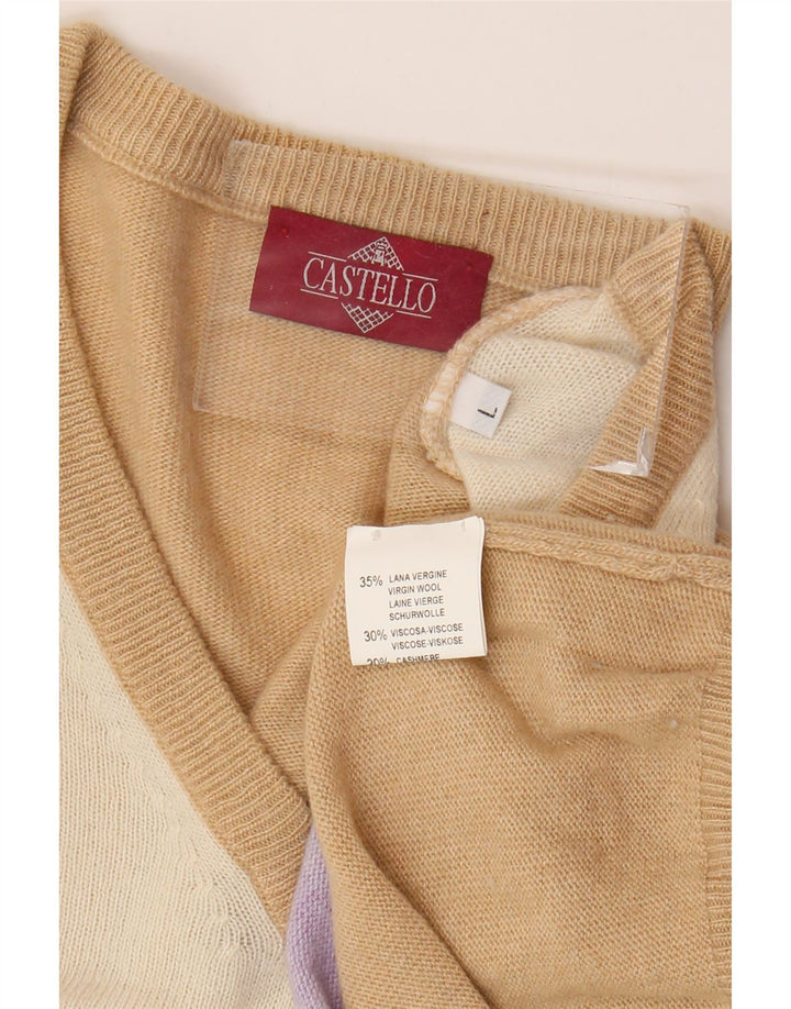 Castello Herren-Pullover mit V-Ausschnitt, groß, beige Argyle/Diamant-Schurwolle