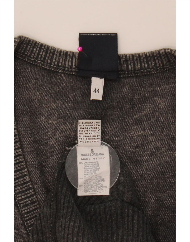 Dolce & Gabbana Damen Pullover mit grafischem V-Ausschnitt IT 44 Mittelgraue Wolle