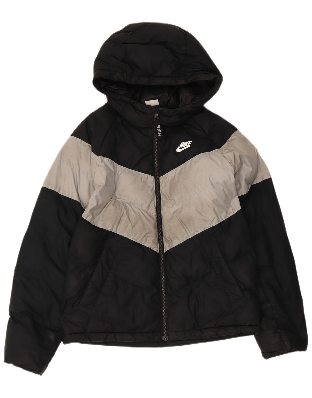 Nike Jungen-Jacke mit Kapuze, gepolstert, 12–13 Jahre, Größe L, Schwarz, Farbblock