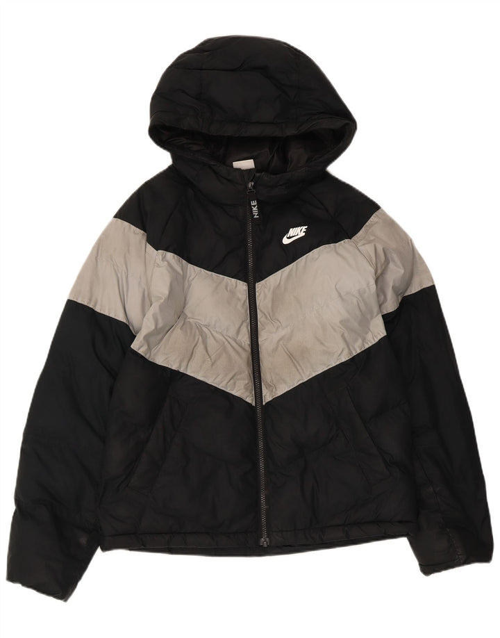 Nike Jungen-Jacke mit Kapuze, gepolstert, 12–13 Jahre, Größe L, Schwarz, Farbblock