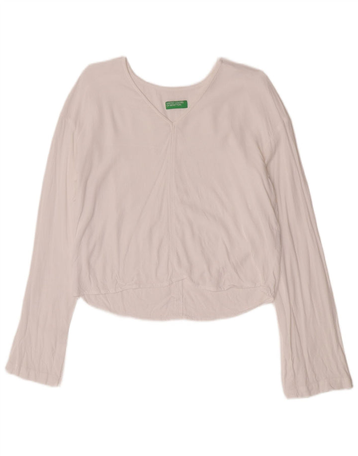 Benetton Damen Crop Top Langarm UK 10 Small Weiße Viskose