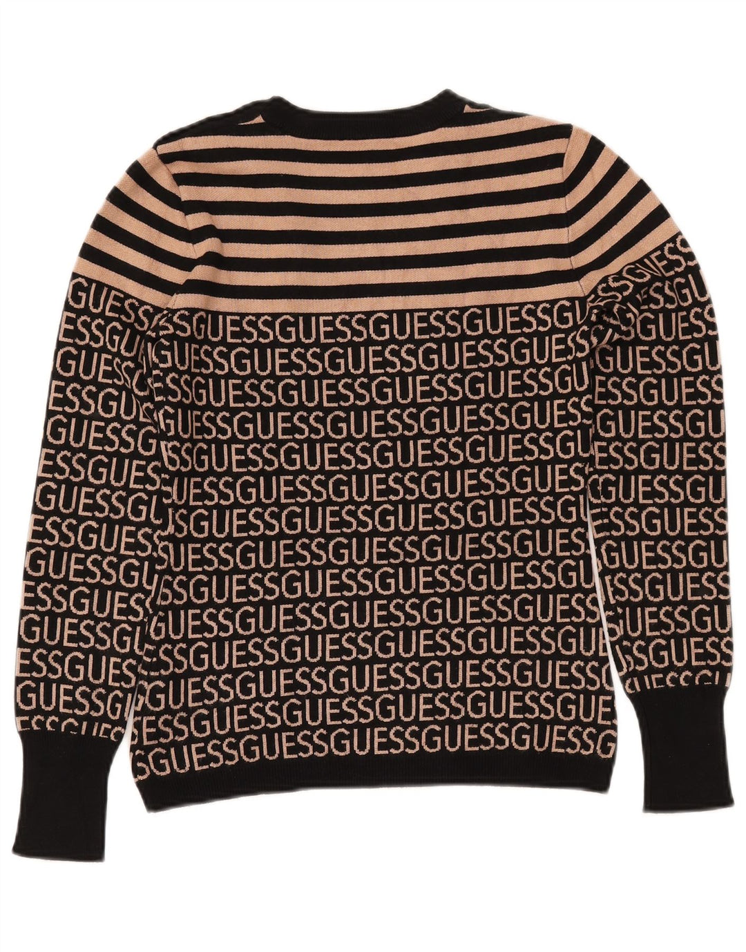 GUESS Damen-Pullover mit grafischem Rundhalsausschnitt, Gr. 10, Größe S, Schwarz, gestreift