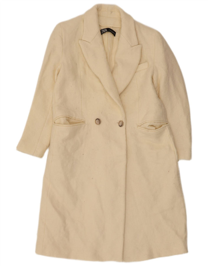 Zweireihiger Mantel für Damen von Zara, UK 14, mittlere, cremefarbene Wolle