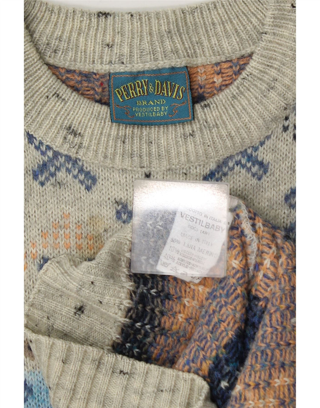 Vintage Herren-Pullover mit U-Boot-Ausschnitt, mittelgraue geometrische Wolle