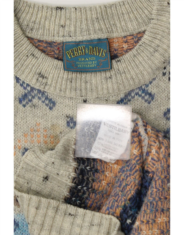 Vintage Herren-Pullover mit U-Boot-Ausschnitt, mittelgraue geometrische Wolle