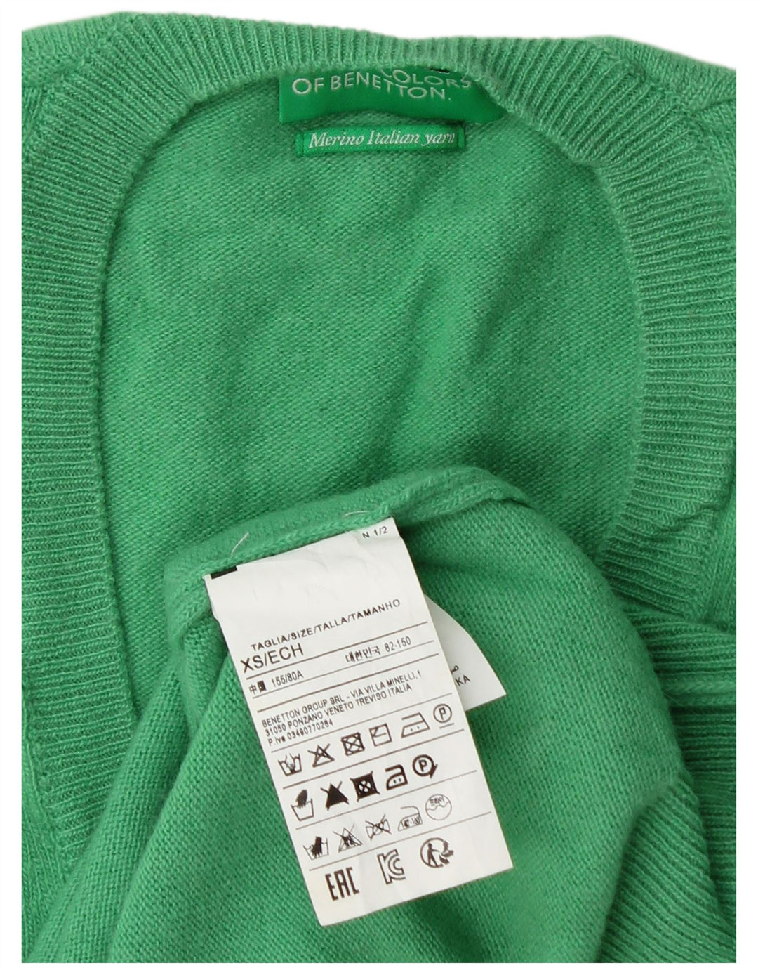 BENETTON Damen-Pullover mit V-Ausschnitt, Gr. 6, XS, grüne Schurwolle
