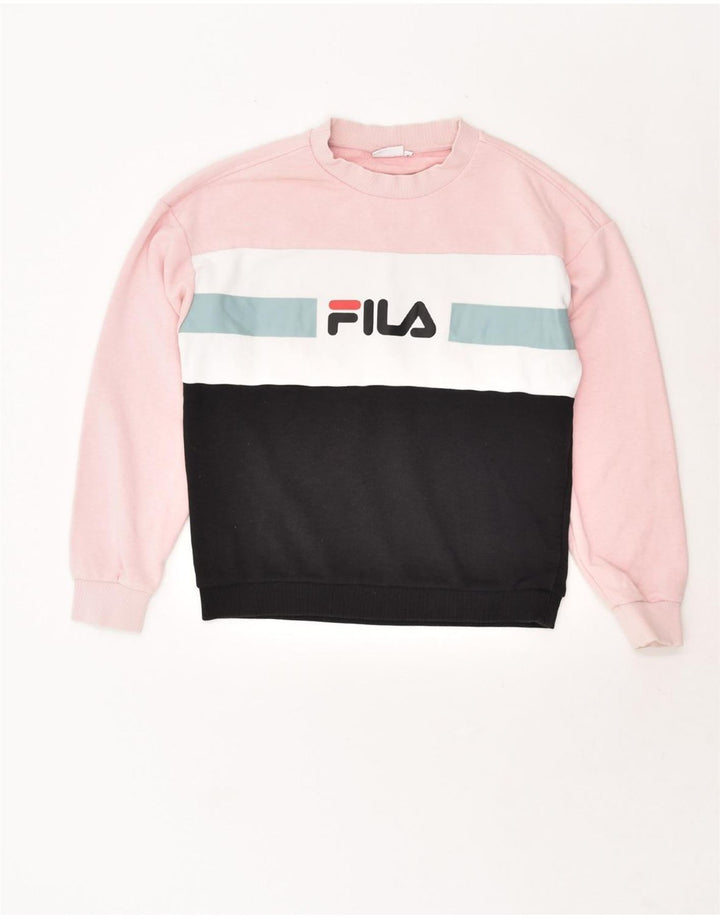 FILA Womens Graphic Sweatshirt Jumper UK 10 Small Pink Colourblock Cotton | Vintage Fila | Thrift | Second-Hand Fila | Used Clothing | Messina Hembry 