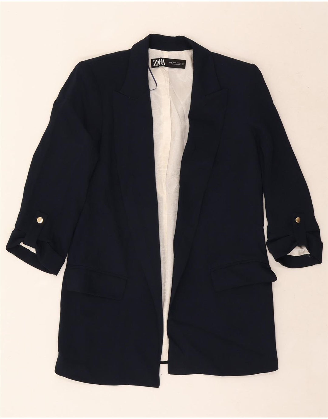 Zara Damen 3/4-Ärmel offener Blazer Jacke UK 6 XS Marineblau Polyester
