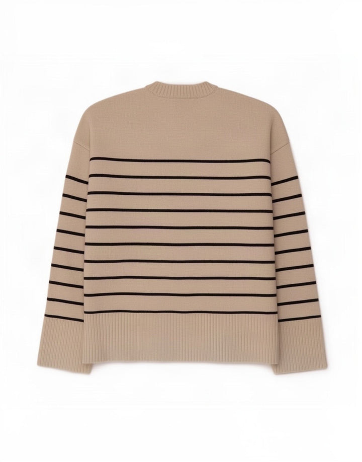Zara Damen-Pullover, übergroß, Rundhalsausschnitt, Gr. 14, mittelbeige gestreift
