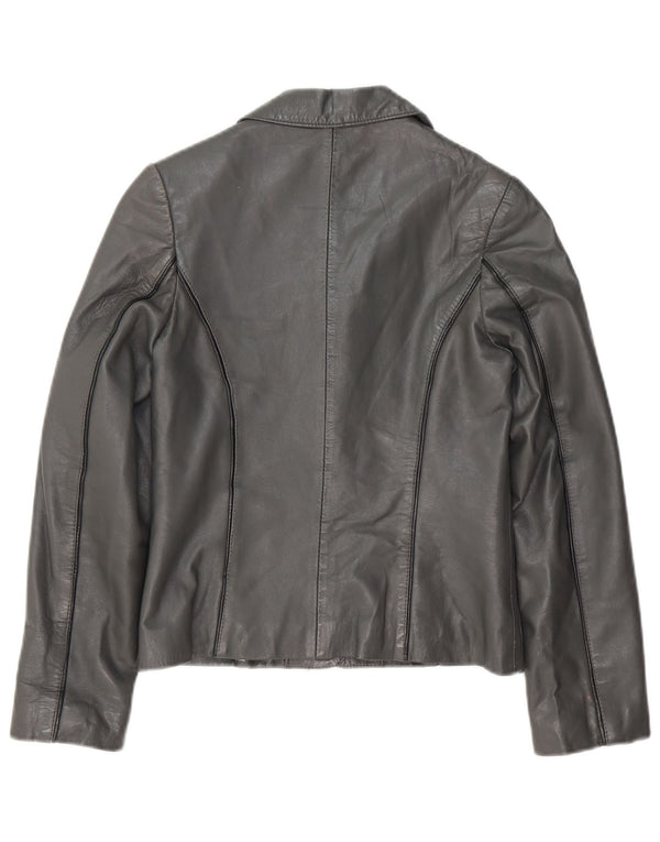 Vintage Damen Crop 3 Knopf Leder Blazer Jacke UK 8 Kleines graues Leder