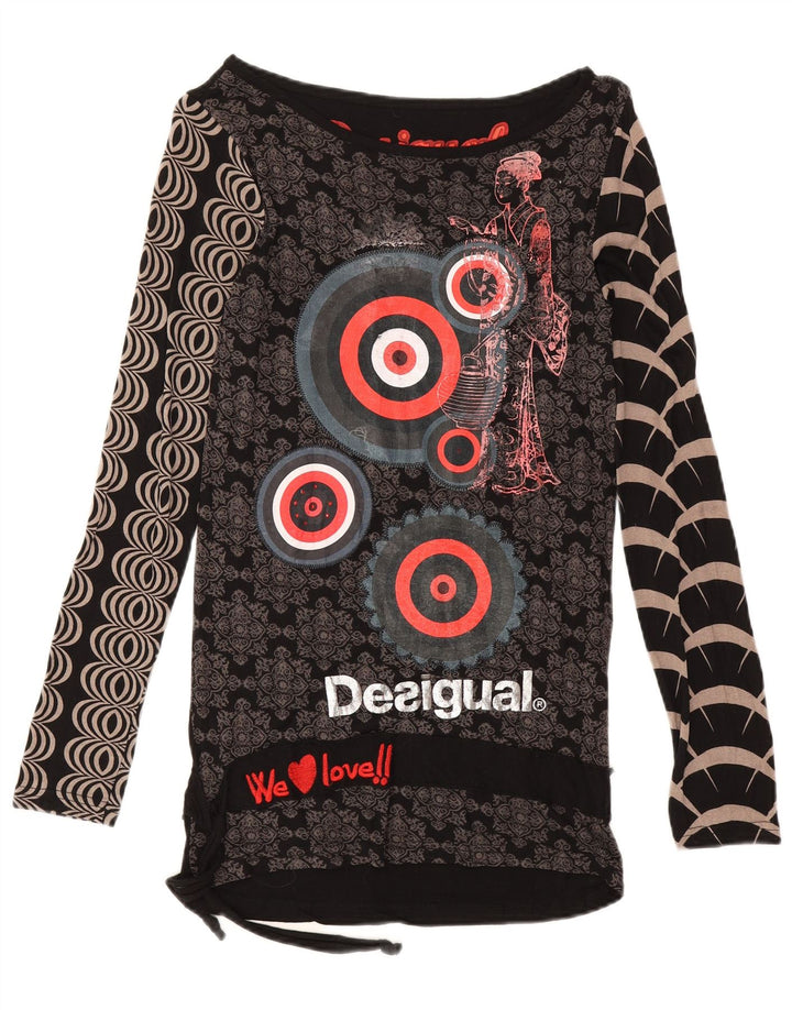 Desigual Womens Graphic Top Langarm UK 12 Mittelschwarze Viskose