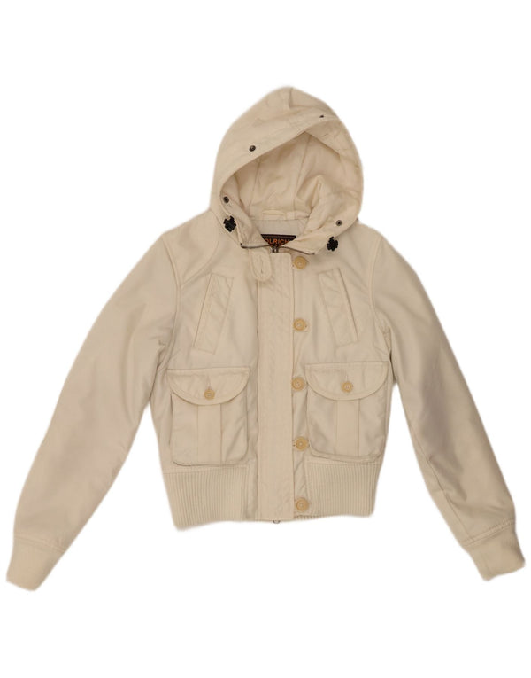 Woolrich Damen-Bomberjacke mit Kapuze, UK 10, Größe S, gebrochenes weißes Nylon