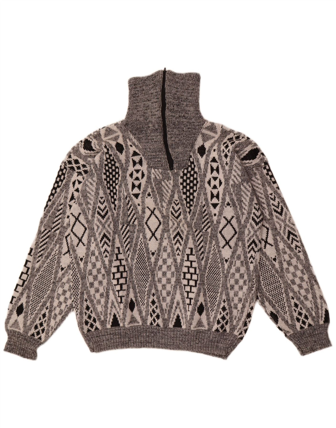 Vintage Herren-Pullover mit Reißverschluss, groß, grau, geometrisch, Acryl
