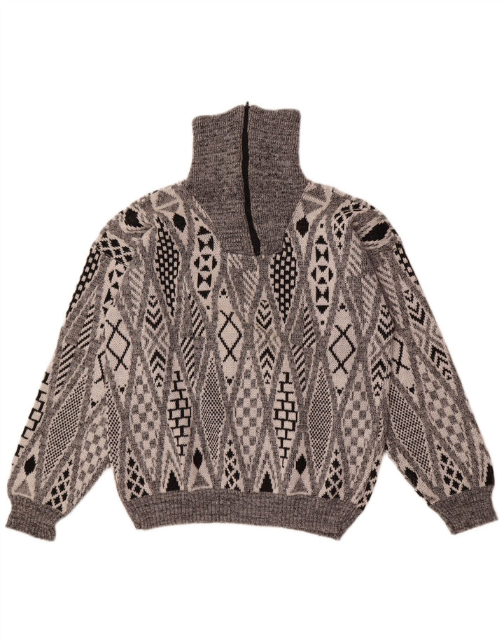 Vintage Herren-Pullover mit Reißverschluss, groß, grau, geometrisch, Acryl