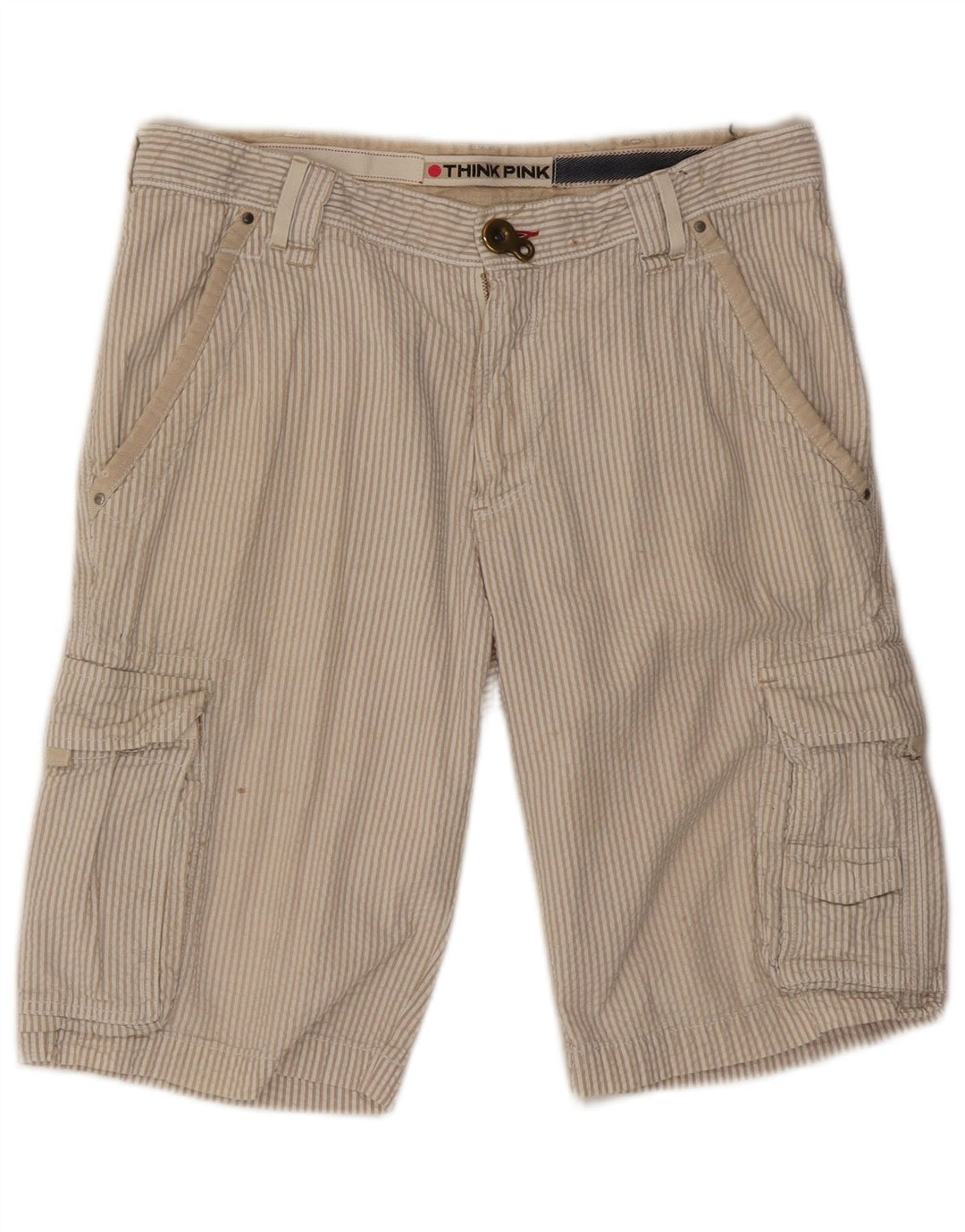 Think Pink Herren-Cargoshorts W32 Große beige gestreifte Baumwolle