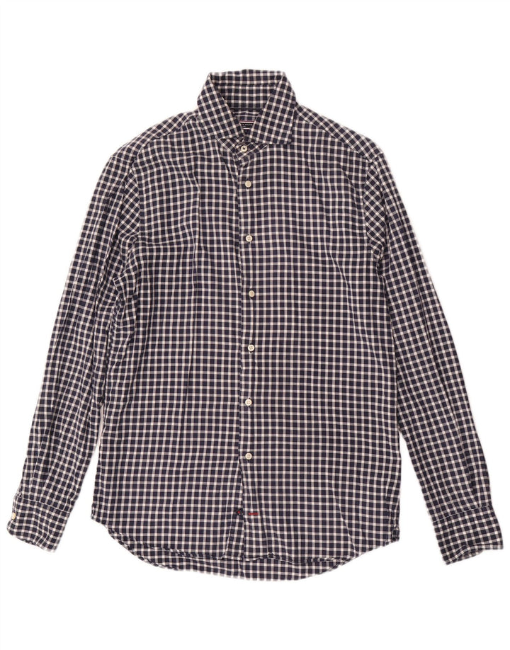 Tommy Hilfiger Herren-Hemd, tailliert, Größe 38 15, mittelmarineblaue Gingham-Baumwolle