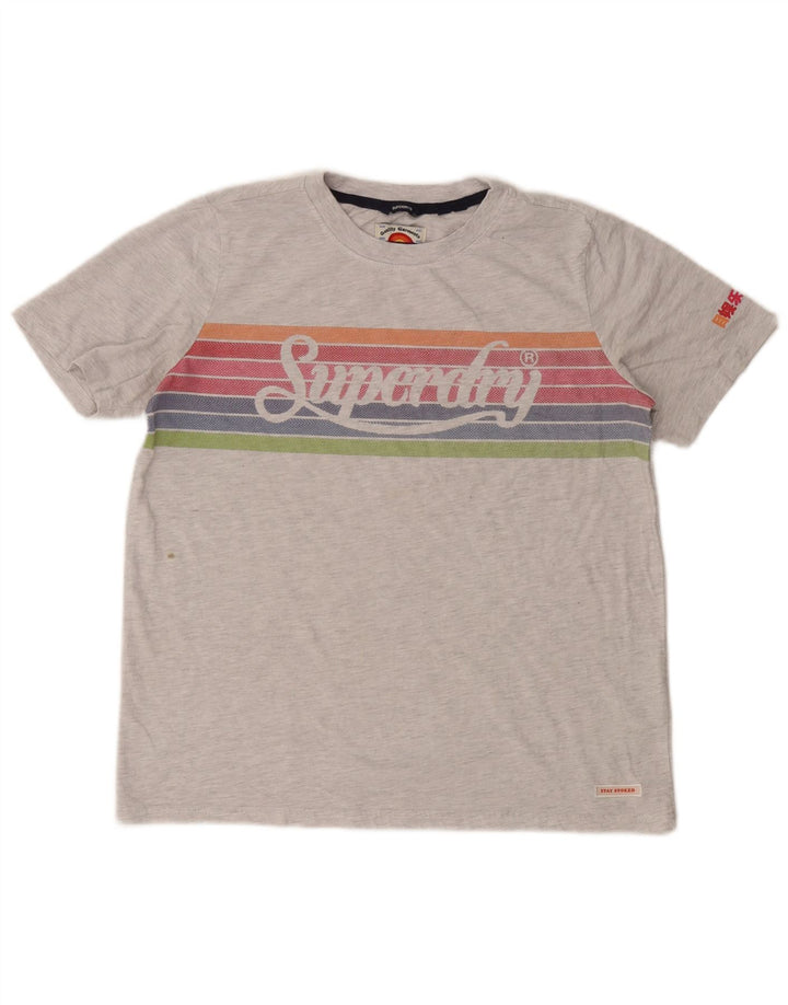 Superdry Damen Crop Graphic T-Shirt Top UK 12 Mittelgrau gestreift