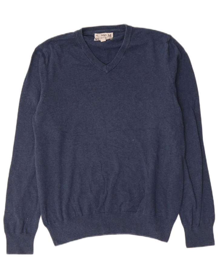 Marks & Spencer Herren-Pullover mit V-Ausschnitt aus mittelblauer Baumwolle