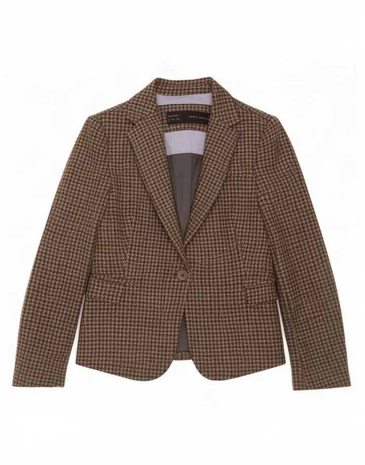 Zara Damen-Blazerjacke mit 1 Knopf, UK 10, kleine braune Wolle mit Hahnentrittmuster
