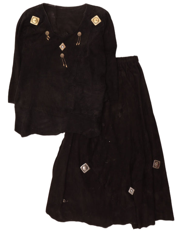 Vintage Damen 3/4 Ärmel Wildleder 2-teiliges Rockset UK 12 Medium W28 Schwarz