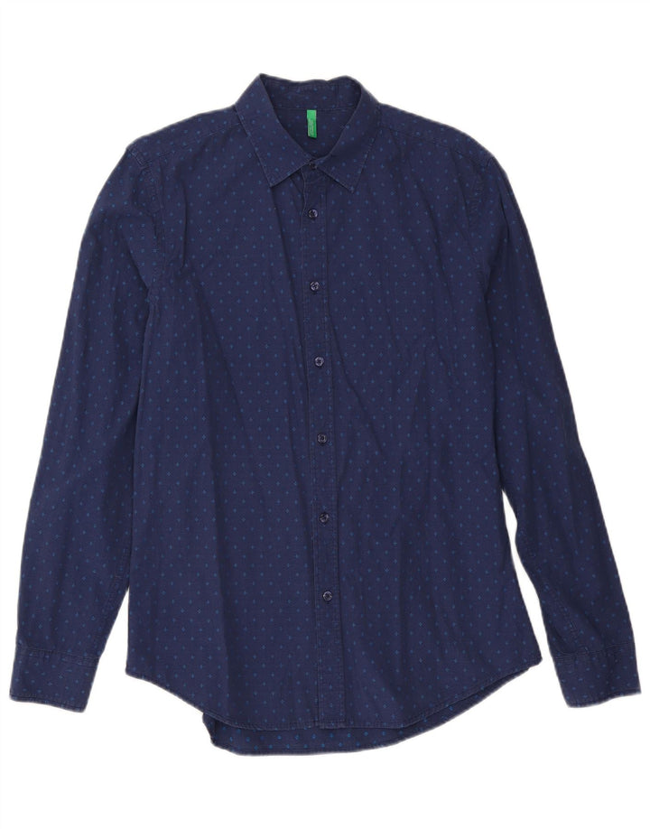 Benetton Herren-Hemd, groß, marineblau gepunktete Baumwolle