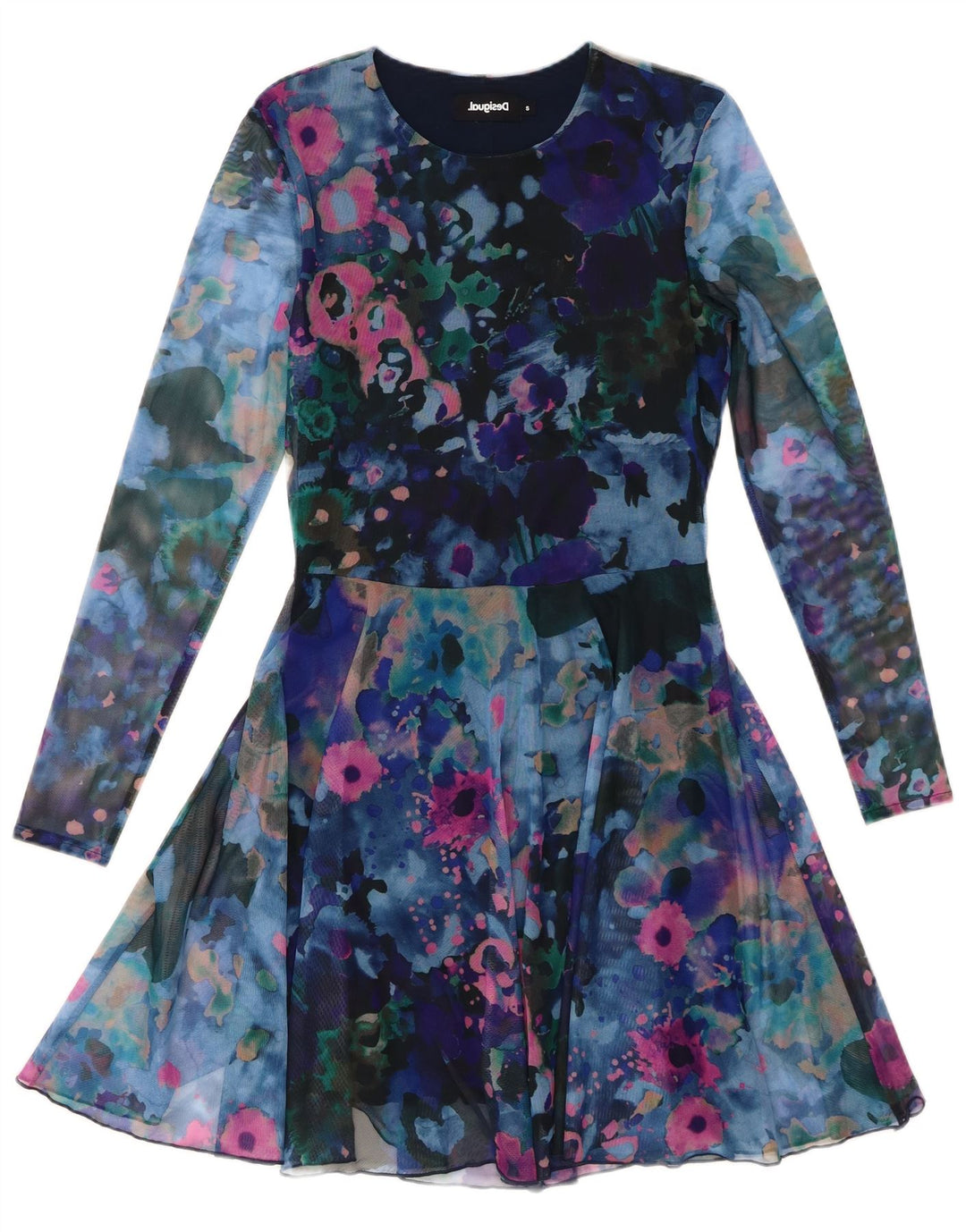 DESIGUAL Damen-Kleid mit abstraktem Muster, langärmelig, A-Linie, Gr. 10, klein, Blau