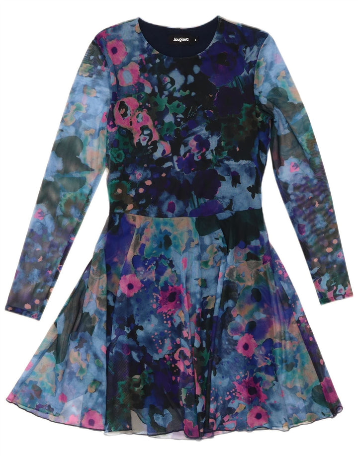 DESIGUAL Damen-Kleid mit abstraktem Muster, langärmelig, A-Linie, Gr. 10, klein, Blau