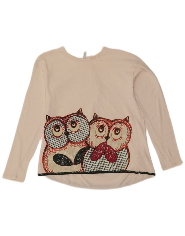 Benetton Mädchen-Top mit Grafik, langärmlig, 10–11 Jahre, XL, cremefarbene Baumwolle