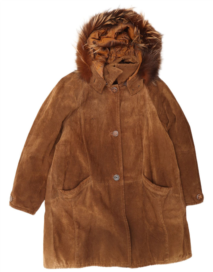 Vintage Damen Übergroßer Wildleder-Windbreaker-Mantel mit Kapuze IT 46 Large Brown