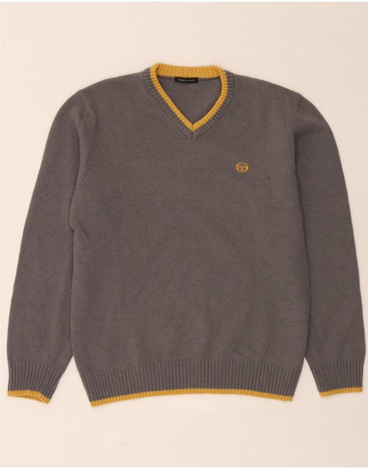 Sergio Tacchini Herren-Pullover mit V-Ausschnitt, große grau gestreifte Wolle