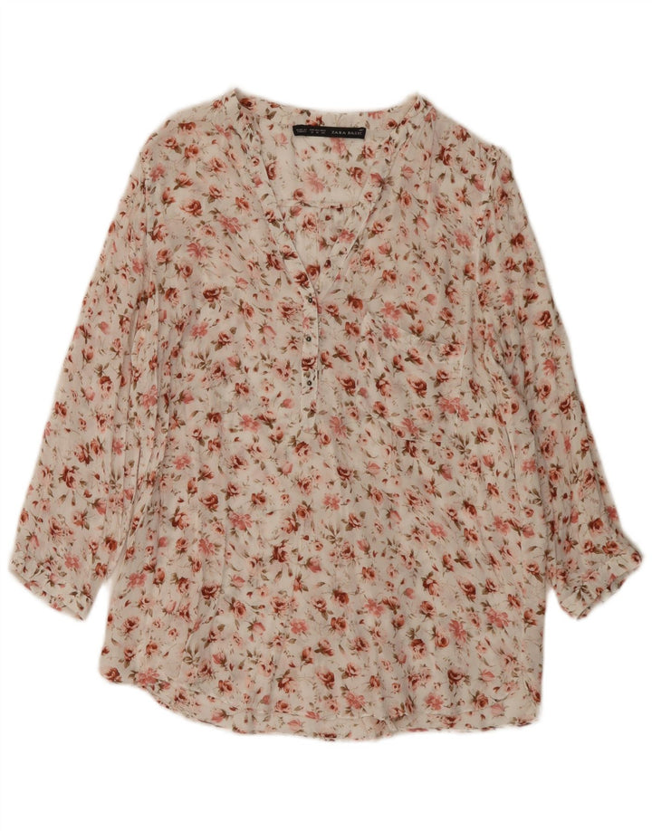 Zara Damen-Blusenoberteil mit 3/4-Ärmeln, UK-Größe 44, mittelweiß, geblümt