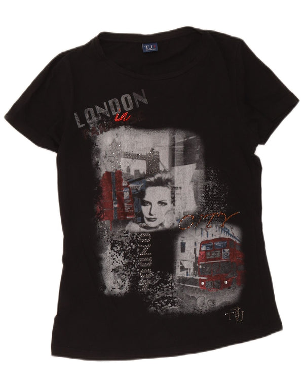 Trussardi Jeans Damen Grafik-T-Shirt-Oberteil UK 10 Small Schwarz