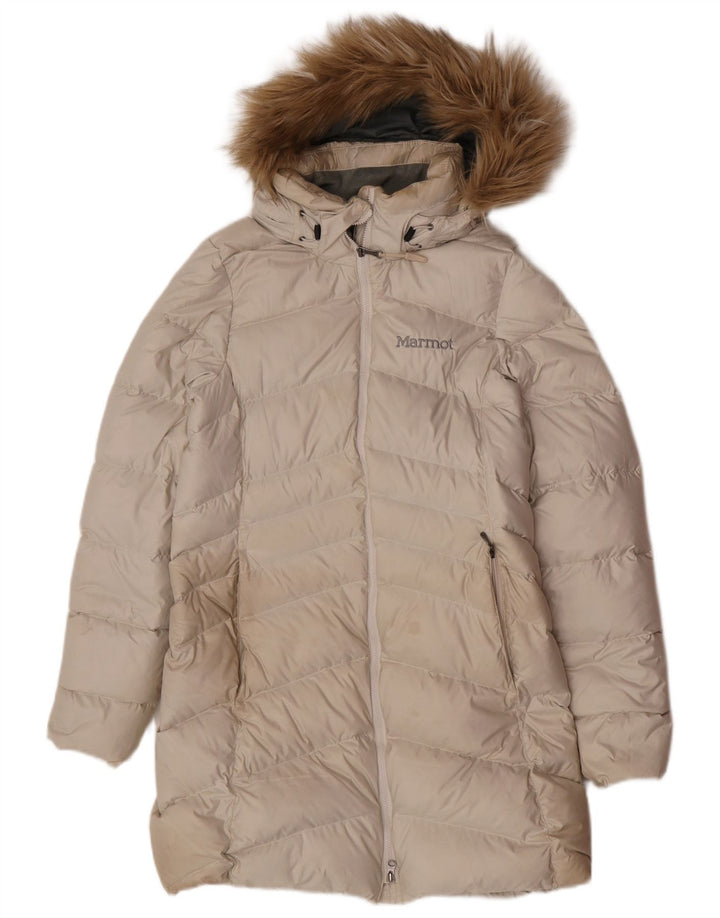 Marmot Wattierter Damenmantel mit Kapuze, UK 10, Größe S, cremefarbenes Polyester