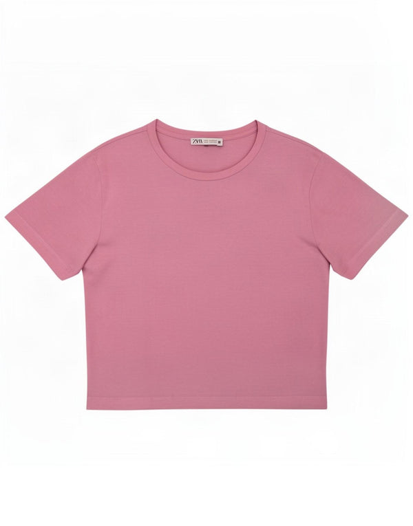 Zara Damen Crop T-Shirt Top UK 14 Large Rosa Baumwolle