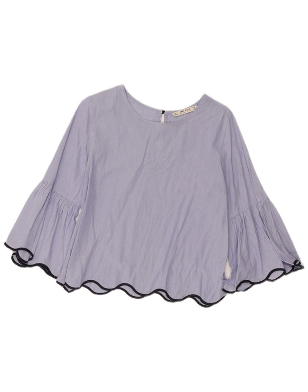 Zara Damen Crop 3/4-Ärmel-Blusenoberteil UK 14 Mittelblau gestreift