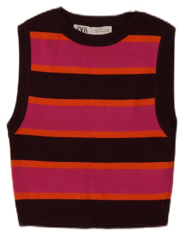 Zara Damen Crop Vest Top UK 12 Medium Mehrfarbig gestreifte Viskose
