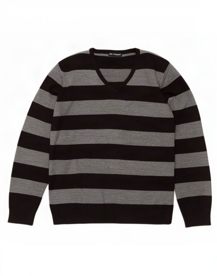 Marks & Spencer Herren-Pullover mit V-Ausschnitt, groß, grau gestreift, Acryl