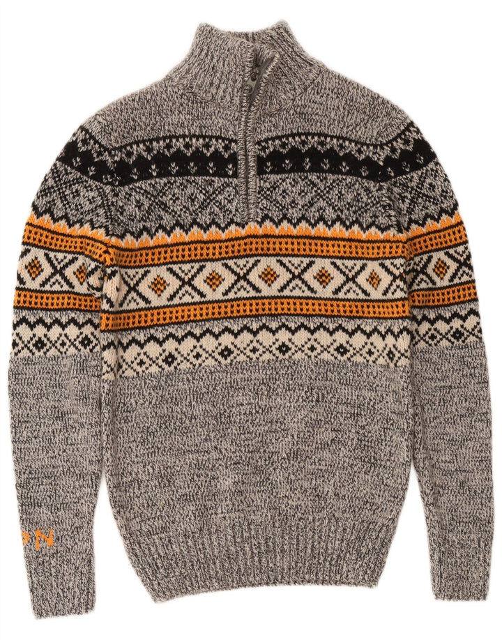 Superdry Herren-Pullover mit Reißverschluss am Hals, Small, Grau, Fair-Isle-Acryl