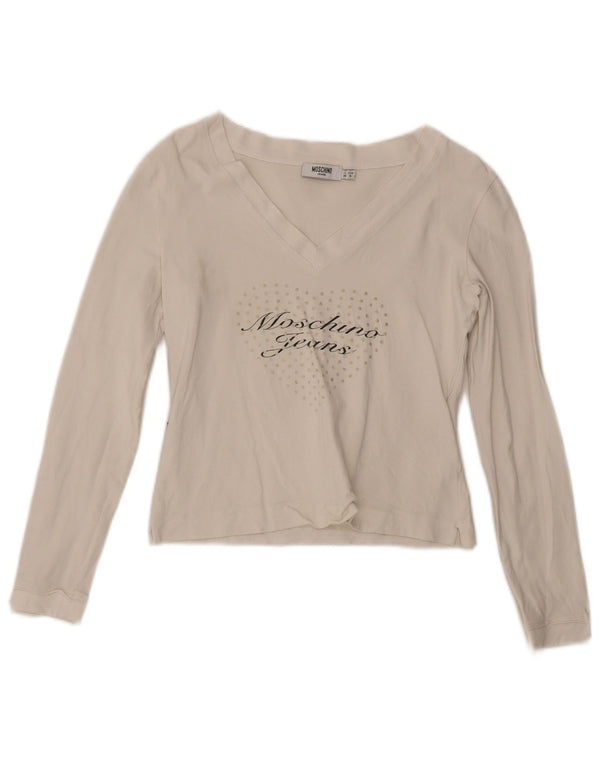 Moschino Damen Crop Graphic Top Langarm UK 14 Mittelweiße Baumwolle