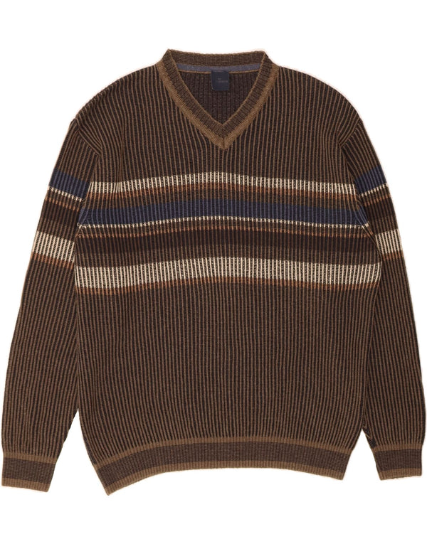 ENGBERS Herren-Pullover mit V-Ausschnitt, groß, braun gestreift, Baumwolle