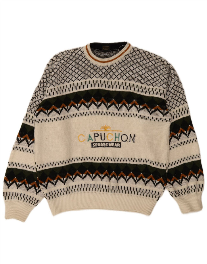 Vintage Herren Pullover mit grafischem Rundhalsausschnitt, Mittelweiß, geometrisch, Retro
