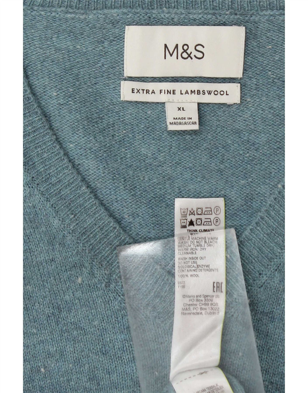 Marks & Spencer Herren-Pullover mit V-Ausschnitt, XL, blau gefleckte Lammwolle