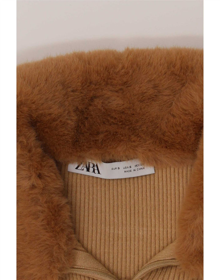 Zara Damen Crop Top Langarm UK 8 Small Beige