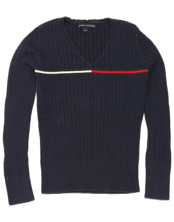 Tommy Hilfiger Damen-Pullover mit V-Ausschnitt, UK 12, mittelmarineblaue Baumwolle