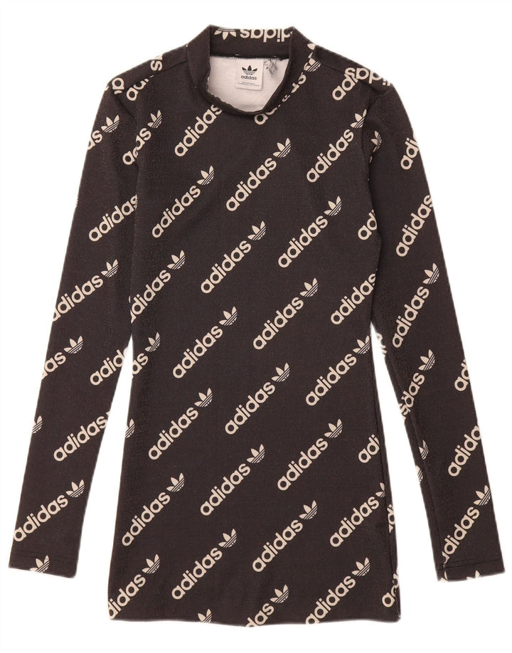 ADIDAS Damen Langarm-Grafik-T-Shirt-Kleid UK 4 XS Schwarz