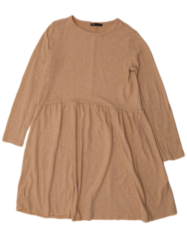 Zara Damen Langarm-Pulloverkleid UK 14 Medium Beige Polyester
