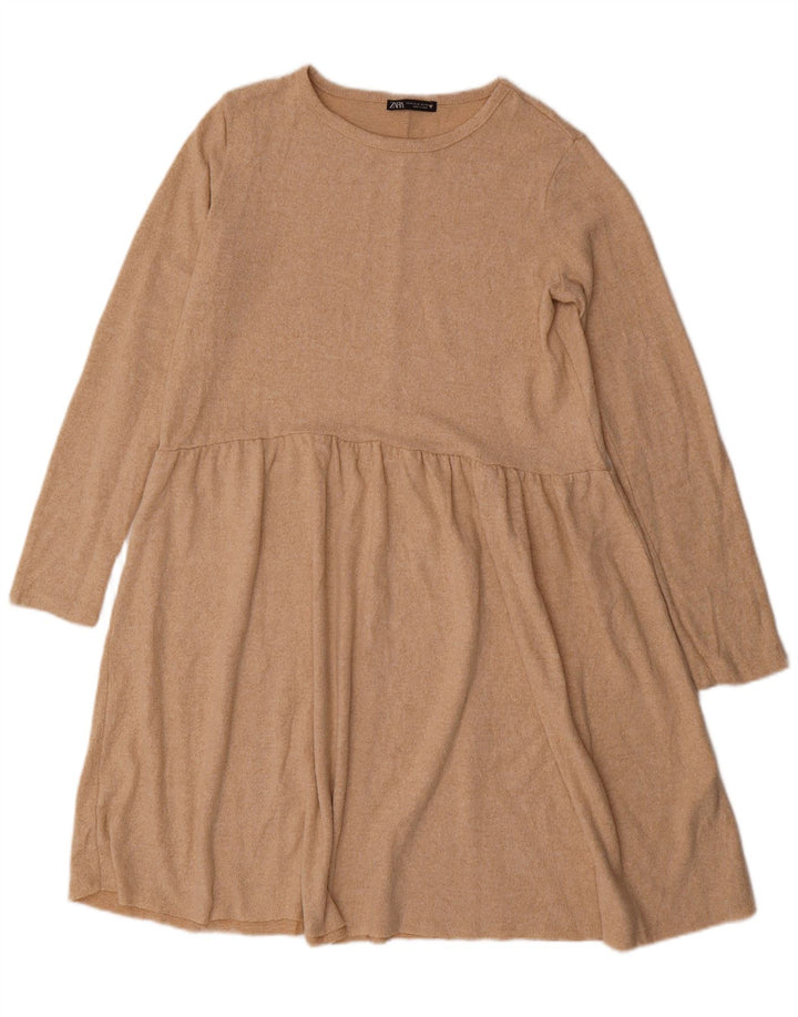 Zara Damen Langarm-Pulloverkleid UK 14 Medium Beige Polyester