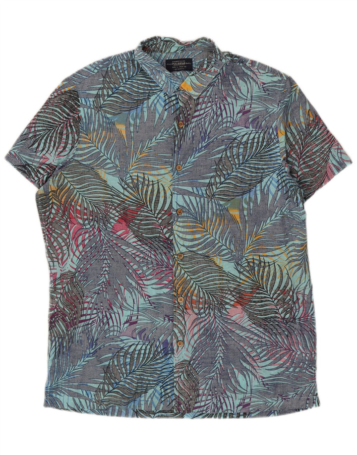 Pull & Bear Herren-Kurzarmhemd, groß, blau, geblümt, hawaiianische Baumwolle